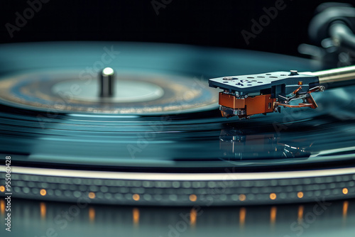 A detailed view of a turntableâ€™s tonearm and cartridge, isolated on a pastel gray background,