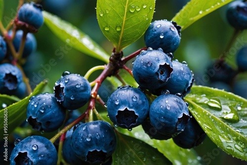 Bunches of ripe blueberries with shiny dew, leaves in the background. photo