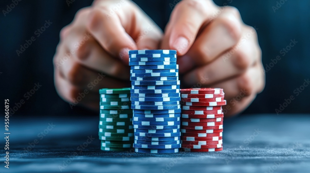 A close-up of hands stacking poker chips symbolizing calculated betting A close-up of hands stacking poker chips symbolizing calculated betting