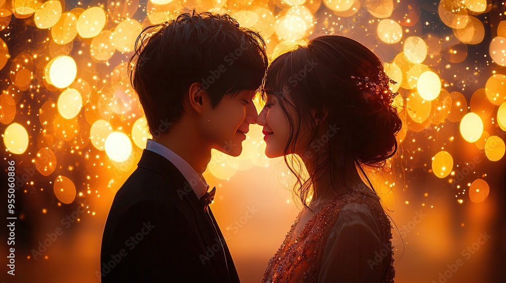 Enchanting Moment: Couple Sharing Romantic Kiss Under Twinkling Lights Enchanting Moment: Couple Sharing Romantic Kiss Under Twinkling Lights