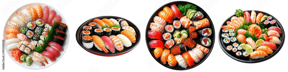 An array of colorful sushi plates featuring various sushi types, perfect for food lovers and culinary enthusiasts. An array of colorful sushi plates featuring various sushi types, perfect for food lovers and culinary enthusiasts.