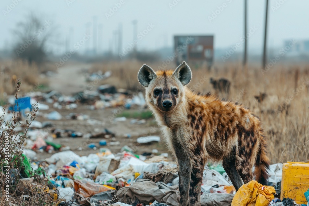 Obraz premium A Hyena Standing in a Pile of Trash