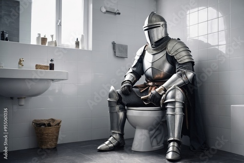 Medieval knight in armor and helmet sitting on a toilet in a modern bathroom.