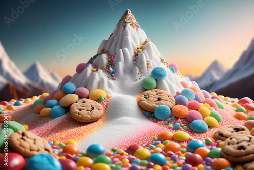 mountain of sugar, sweets, cookies and candies, fantasy bright sweet world, yummy, tasty, pile, bunch 