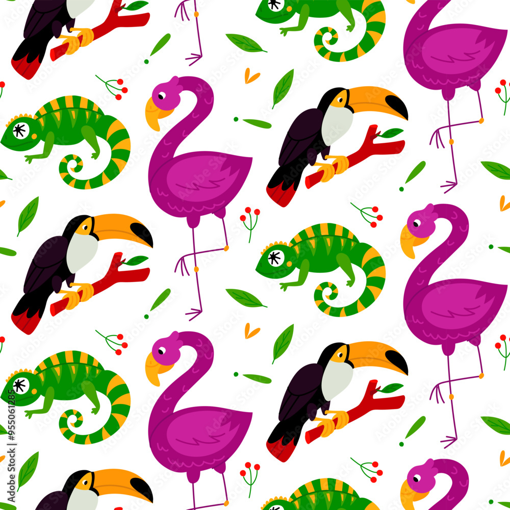 A pattern with Mexican animals, birds and a lizard. Flamingos, chameleon, toucan and plants flowers and berries. A flat colored texture, hand-drawn in bright colors. elements in a seamless texture A pattern with Mexican animals, birds and a lizard. Flamingos, chameleon, toucan and plants flowers and berries. A flat colored texture, hand-drawn in bright colors. elements in a seamless texture