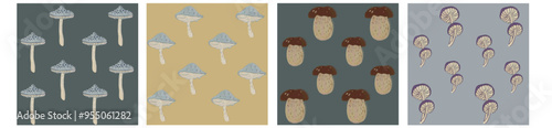 Set of seamless natural forest patterns. Funny mushrooms for children's wallpaper