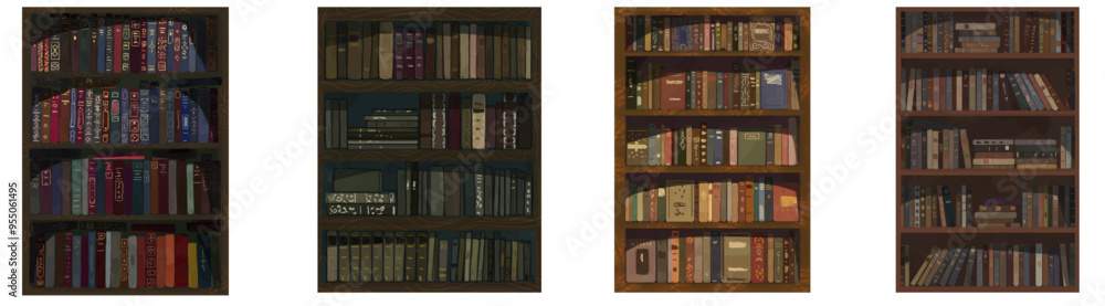 Set of illustrations of a bookcase with books, textbooks. Seamless pattern Set of illustrations of a bookcase with books, textbooks. Seamless pattern