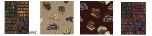 Set of seamless patterns with illustrations of bookcases and textbooks