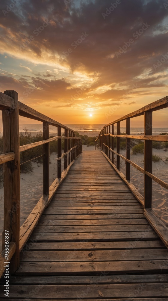 Wooden deck that goes down to the beach sand, low vegetation on the side, sunset in the background. Wooden deck that goes down to the beach sand, low vegetation on the side, sunset in the background.