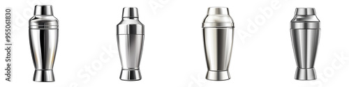 Collection of sleek aluminum cocktail shakers for professional bartending and home mixology use. photo