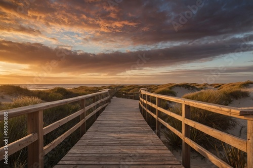 Wooden deck that goes down to the beach sand, low vegetation on the side, sunset in the background.