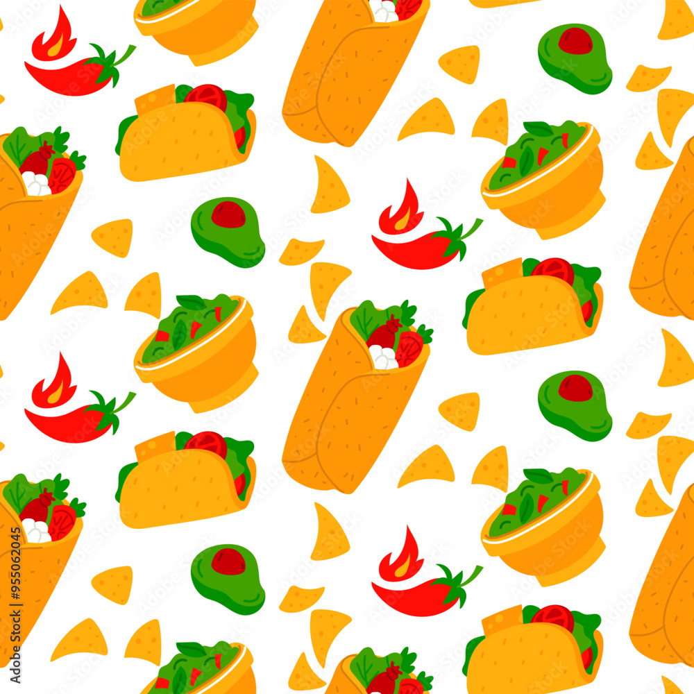 Colored flat pattern of tacos, burritos, peppers, guacamole, nachos, avocado. Fast food with various fillings. Mexican spicy cuisine, Latin American fast food. Bright colored seamless texture. Yellow Colored flat pattern of tacos, burritos, peppers, guacamole, nachos, avocado. Fast food with various fillings. Mexican spicy cuisine, Latin American fast food. Bright colored seamless texture. Yellow