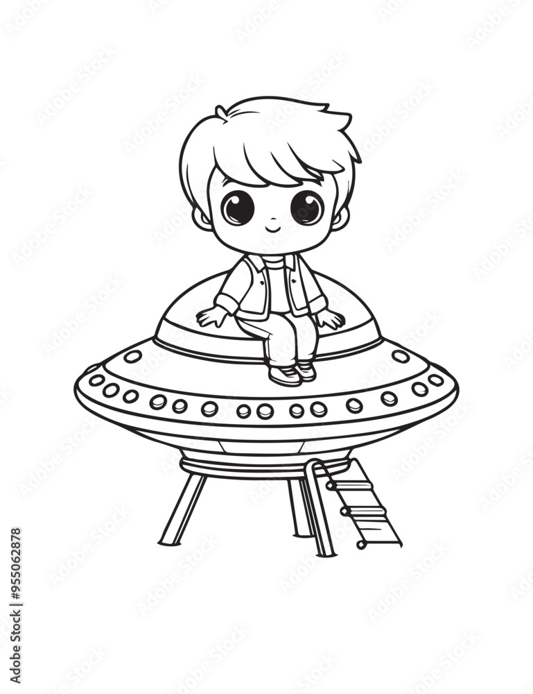 Illustration Coloring draw child playing boy playing in mini ufo black and white version good for kids Illustration Coloring draw child playing boy playing in mini ufo black and white version good for kids