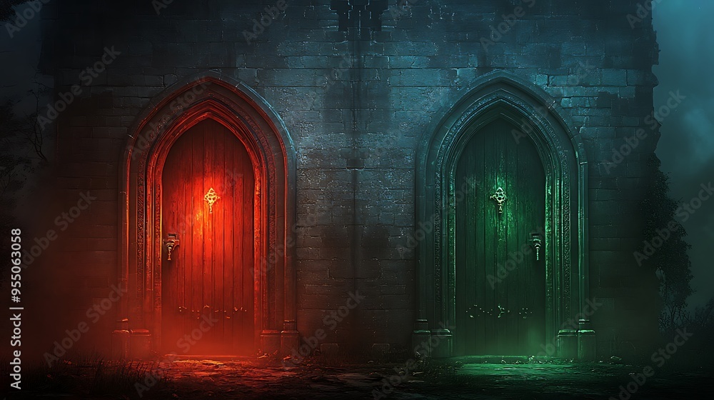 Ancient Castle Doors with Fiery Red and Emerald Green Illumination in Mist - Dramatic Symmetrical Composition Ancient Castle Doors with Fiery Red and Emerald Green Illumination in Mist - Dramatic Symmetrical Composition