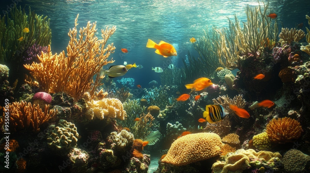 Vibrant underwater scene showcasing coral reefs and diverse marine life. Vibrant underwater scene showcasing coral reefs and diverse marine life.