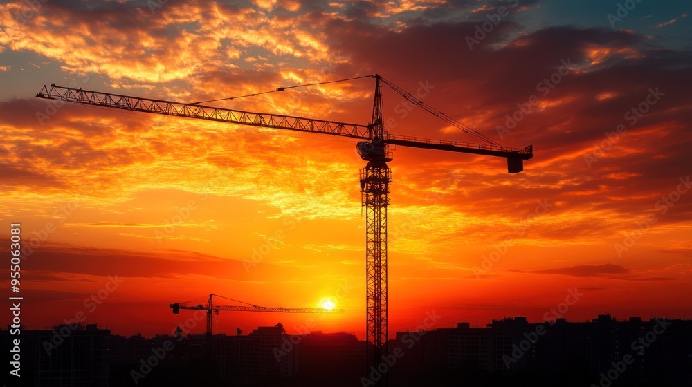 Naklejka premium Construction Crane Silhouette Against a Dramatic Sunset