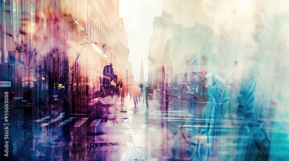 Fototapeta premium Blurry Cityscape with Double Exposure