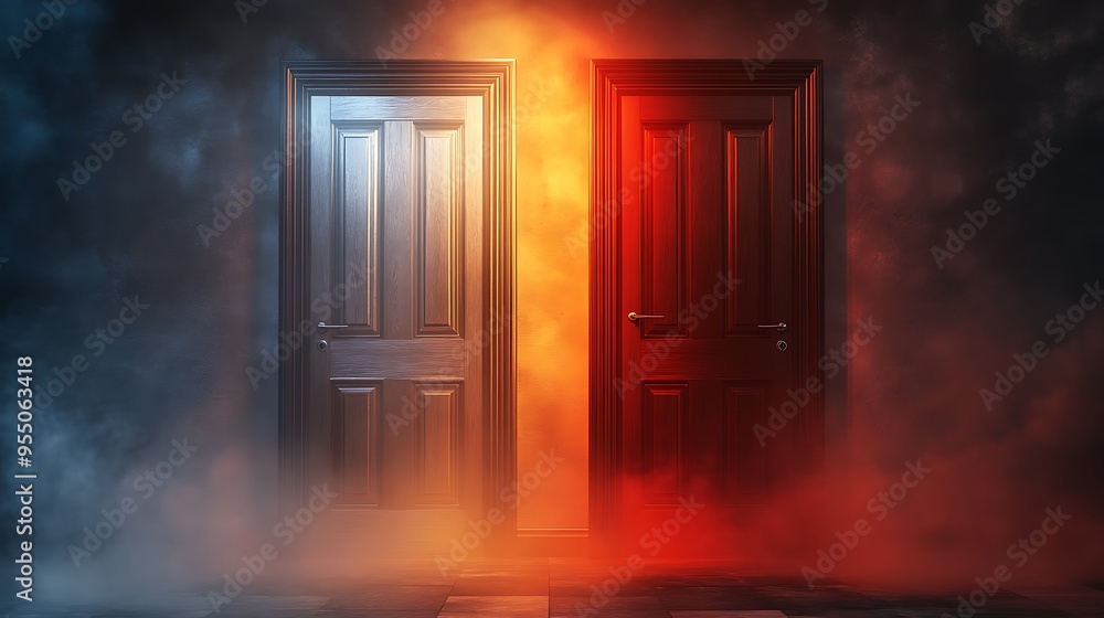 Mystical Wooden Doors: Serene Silver Light and Blazing Ruby Red Effect in Cinematic Atmosphere Mystical Wooden Doors: Serene Silver Light and Blazing Ruby Red Effect in Cinematic Atmosphere