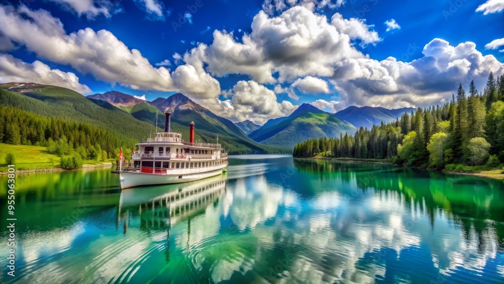 Fototapeta premium Majestic white steamboat chugs along serene turquoise lake surrounded by lush green mountains under a brilliant blue sky with puffy white clouds.
