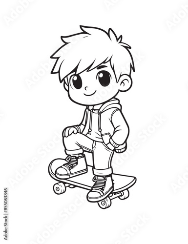 Illustration Coloring draw child playing boy playing skateboard black and white version good for kids