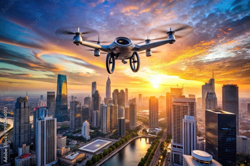 A sleek, silver drone flies high in a futuristic cityscape at sunset, surrounded by towering skyscrapers and neon lights, conveying innovation and modern technology. A sleek, silver drone flies high in a futuristic cityscape at sunset, surrounded by towering skyscrapers and neon lights, conveying innovation and modern technology.