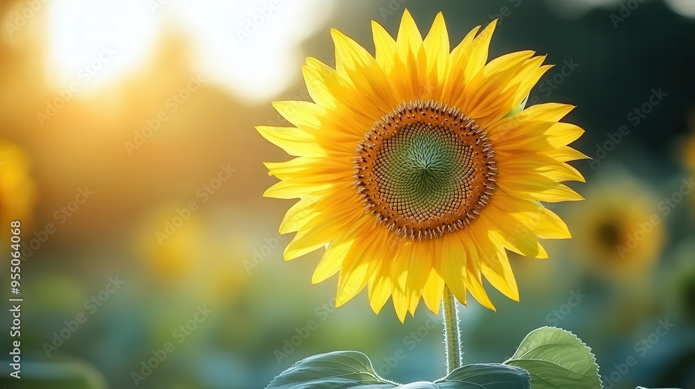 Fototapeta premium A single sunflower blooms in a field at sunset.