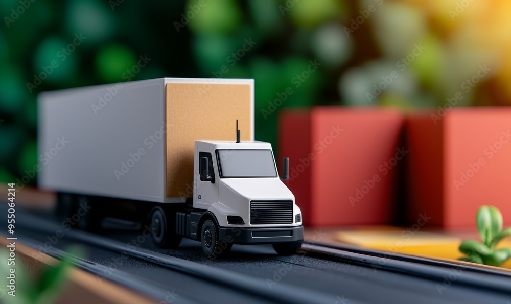 white semi-truck toy model on wooden surface with green and red background - transportation, logistics, delivery, cargo, freight. white semi-truck toy model on wooden surface with green and red background - transportation, logistics, delivery, cargo, freight.