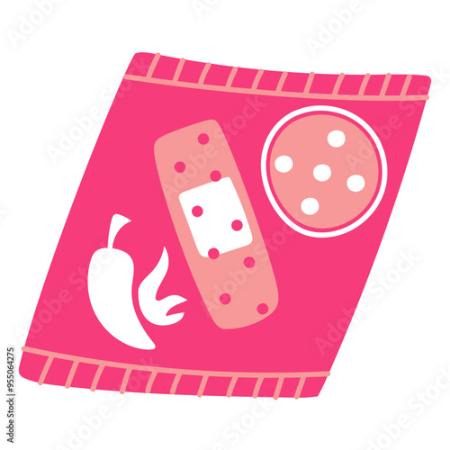 Vector colored flat Band-aid with pepper, for warming up in case of a cold. Pink packaging with a breathable surface. An isolated strip from the flu. package of warm fabric strips. Hot pepper pattern
