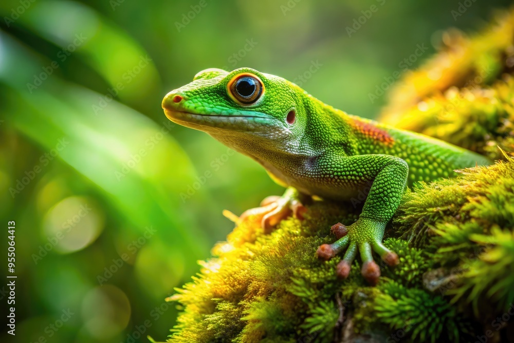A small, colorful green gecko perches on a moss-covered stone wall, its tiny toes curled, eyes bright, and skin glistening in the warm sunlight. A small, colorful green gecko perches on a moss-covered stone wall, its tiny toes curled, eyes bright, and skin glistening in the warm sunlight.