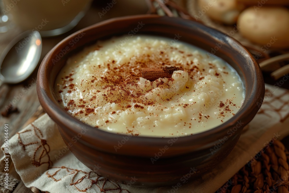 A serving of rizogalo, a creamy rice pudding sprinkled with cinnamon, served in a rustic ceramic bowl. A serving of rizogalo, a creamy rice pudding sprinkled with cinnamon, served in a rustic ceramic bowl.