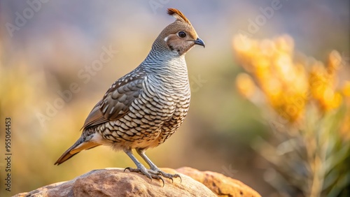 A small, intricately patterned scaled quail with a gray and brown plumage blend, perched on a desert rock, gazing into the distance with curiosity. photo