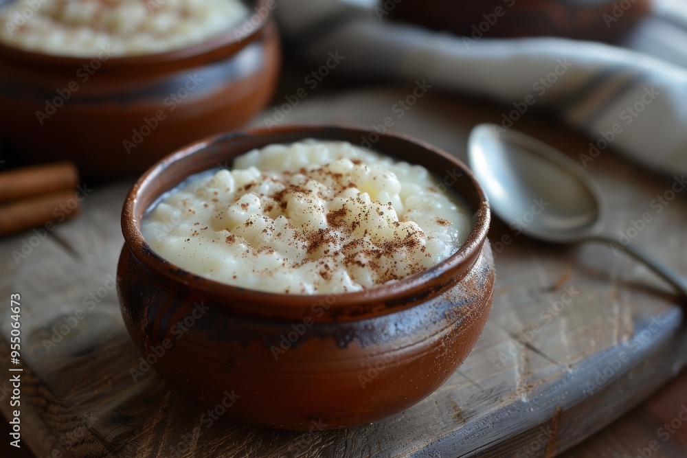 A serving of rizogalo, a creamy rice pudding sprinkled with cinnamon, served in a rustic ceramic bowl. A serving of rizogalo, a creamy rice pudding sprinkled with cinnamon, served in a rustic ceramic bowl.
