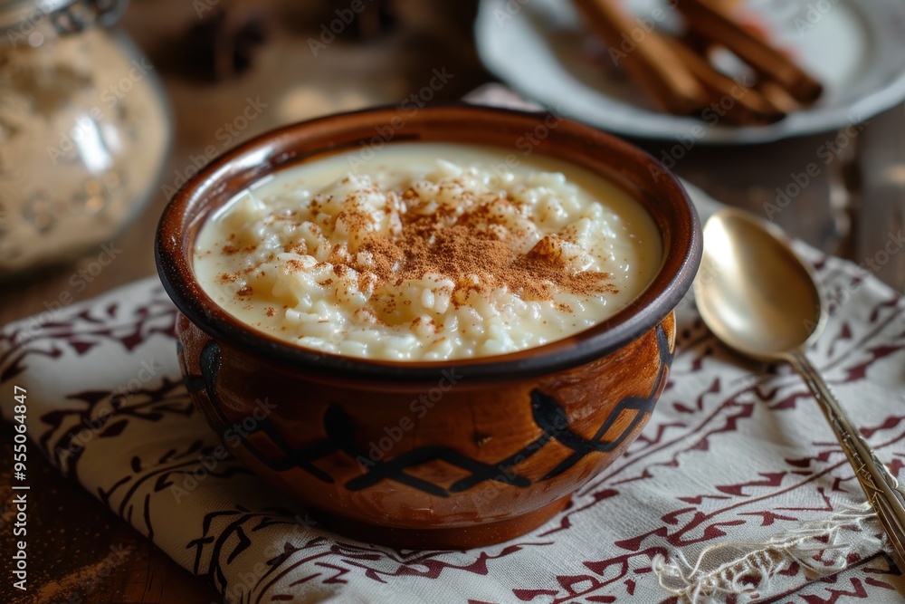 A serving of rizogalo, a creamy rice pudding sprinkled with cinnamon, served in a rustic ceramic bowl. A serving of rizogalo, a creamy rice pudding sprinkled with cinnamon, served in a rustic ceramic bowl.