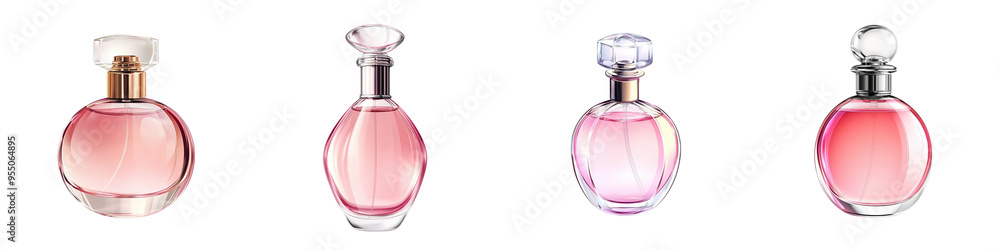 Elegant collection of pink perfume bottles showcasing various shapes and designs for a sophisticated fragrance display. Elegant collection of pink perfume bottles showcasing various shapes and designs for a sophisticated fragrance display.
