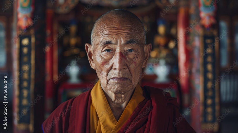 Naklejka premium A Buddhist monk with a beard and a red robe