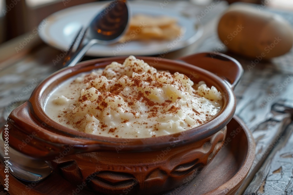 A serving of rizogalo, a creamy rice pudding sprinkled with cinnamon, served in a rustic ceramic bowl. A serving of rizogalo, a creamy rice pudding sprinkled with cinnamon, served in a rustic ceramic bowl.