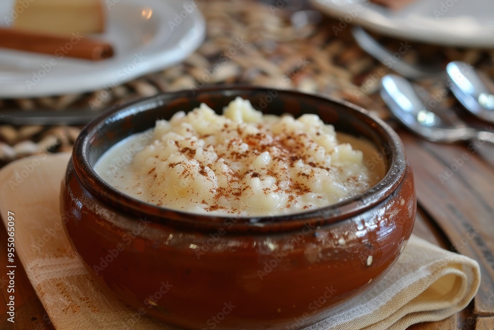 A serving of rizogalo, a creamy rice pudding sprinkled with cinnamon, served in a rustic ceramic bowl.