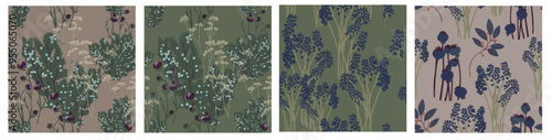 Set of seamless Victorian patterns. White, blue and blue forest wild flowers and plants on a green background