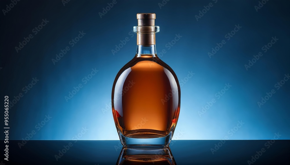 Luxury cognac or whiskey bottle on luxurious blue background with fantastic studio lighting Luxury cognac or whiskey bottle on luxurious blue background with fantastic studio lighting