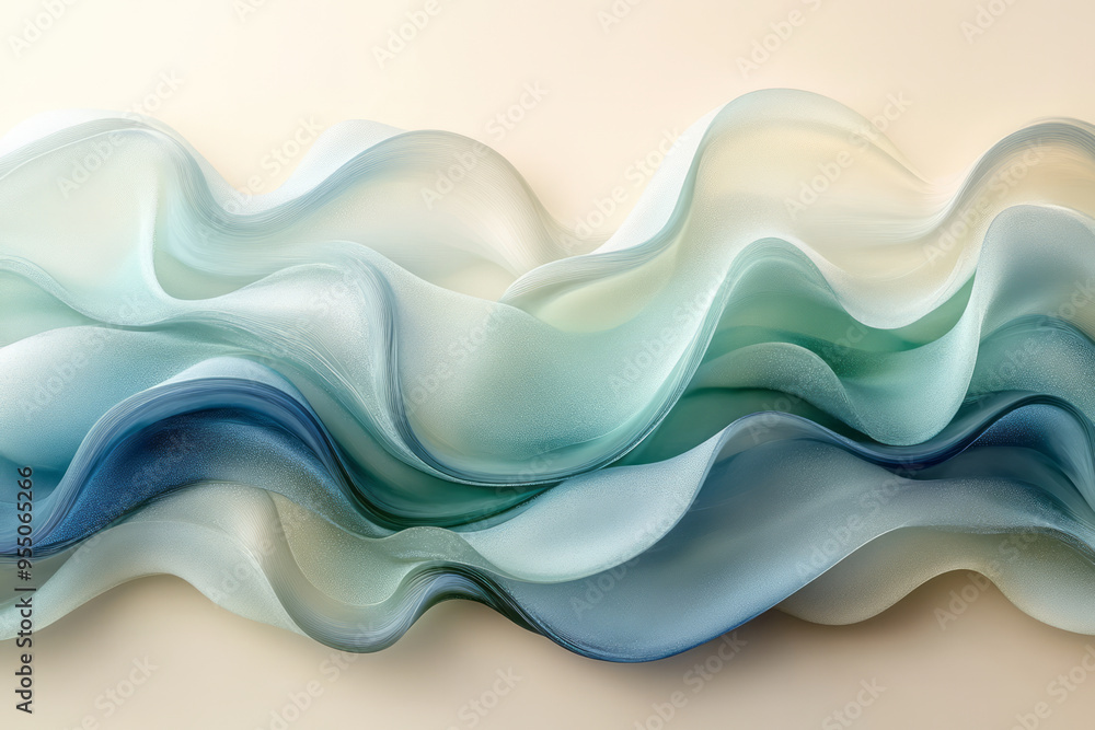 A series of wavy glass forms with frosted textures and subtle hues of blue and green, creating a layered depth effect, isolated on a pastel beige background, A series of wavy glass forms with frosted textures and subtle hues of blue and green, creating a layered depth effect, isolated on a pastel beige background,