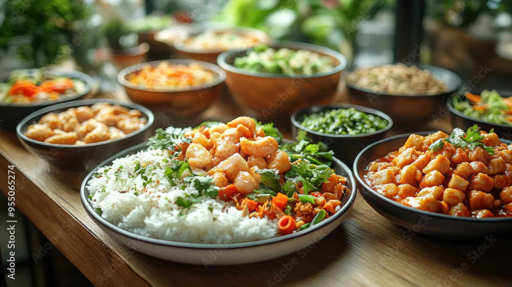 Traditional Thai Meals: Scenes of traditional Thai meals served with rice, various dishes, and garnished with fresh herbs. Traditional Thai Meals: Scenes of traditional Thai meals served with rice, various dishes, and garnished with fresh herbs.