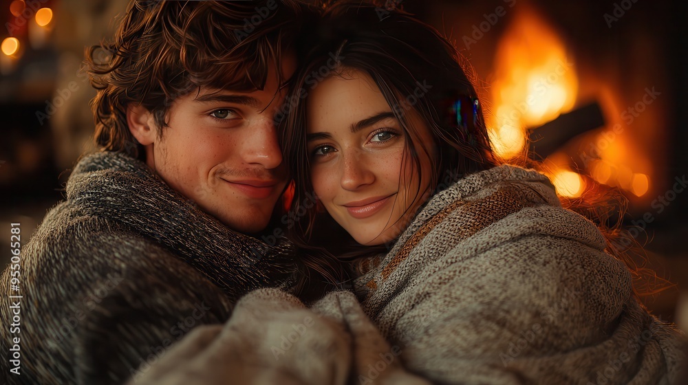 Romantic Valentines Evening: Couple Cuddling by Fireplace with Cozy Blanket Romantic Valentines Evening: Couple Cuddling by Fireplace with Cozy Blanket