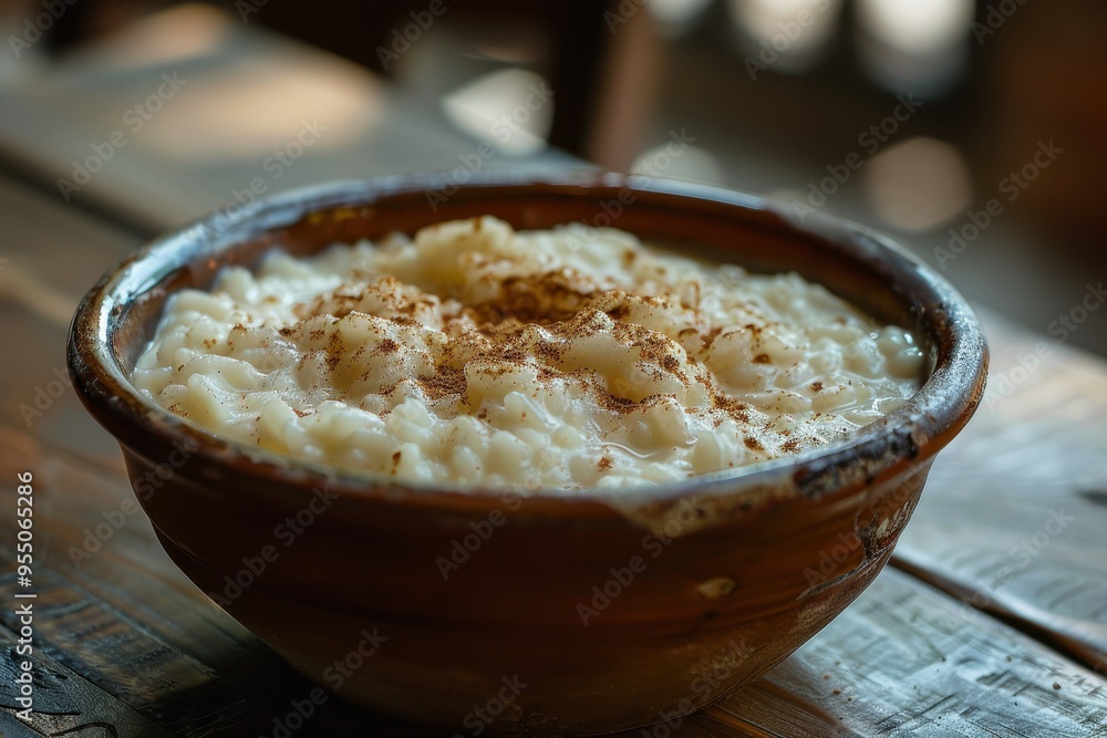 A serving of rizogalo, a creamy rice pudding sprinkled with cinnamon, served in a rustic ceramic bowl. A serving of rizogalo, a creamy rice pudding sprinkled with cinnamon, served in a rustic ceramic bowl.