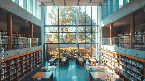 Modern Library Interior with Large Windows photo