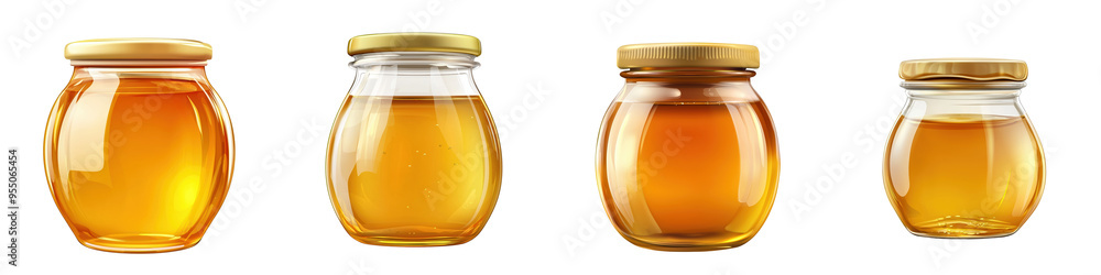 Four glass jars of honey in varying sizes, showcasing the golden liquid inside, ideal for food and wellness themes. Four glass jars of honey in varying sizes, showcasing the golden liquid inside, ideal for food and wellness themes.