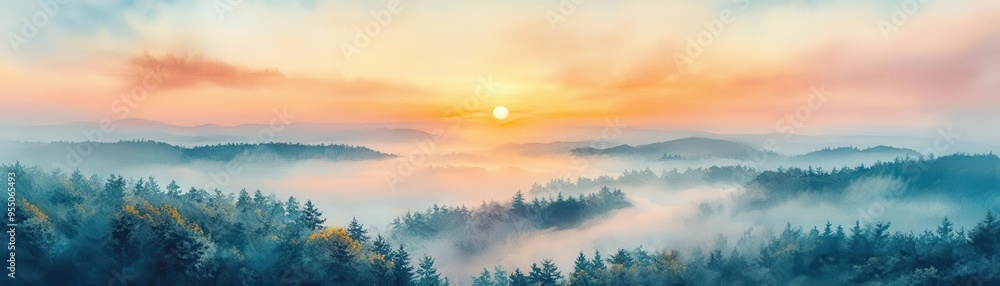 Fototapeta premium Misty sunrise over a forest with a soft golden light.