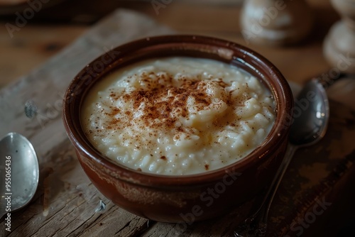 A serving of rizogalo, a creamy rice pudding sprinkled with cinnamon, served in a rustic ceramic bowl.