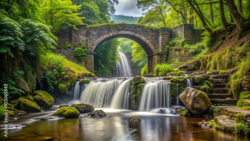 Misty falls cascade beneath the historic Devils Bridge, a medieval arched stone bridge surrounded by lush greenery in a serene Welsh valley landscape.