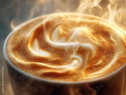 Close up of a steaming cup of coffee with latte art.