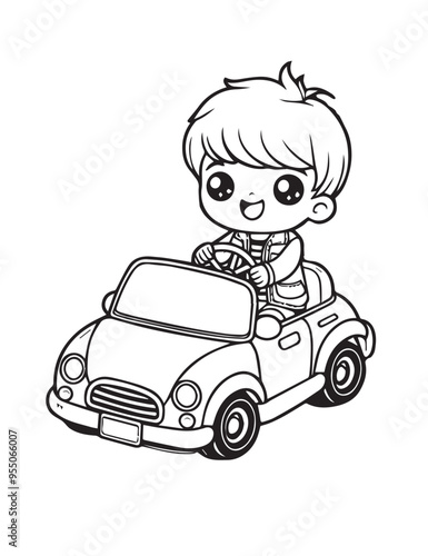 Illustration Coloring draw child playing boy using car and happy black and white version good for kids